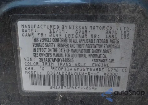 2019 Nissan Sentra Sv z USA, uszkodzony, nr VIN 3N1AB7AP4KY448546